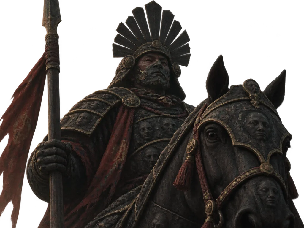 Jenderal Kuro di atas kuda perang berbaju besi, dilihat dari bawah. Baju perangnya diukir wajah-wajah kecil, jambul helm dari lempeng besi hitam, tombak panjang tegak.